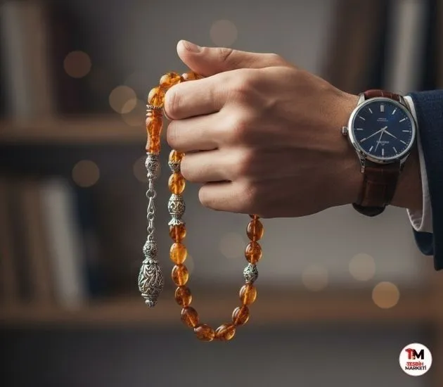 Damla kehribar tesbih erkek elinde - lüks kol saati ve 1000 ayar gümüş kazaziye püsküllü Tesbih Marketi