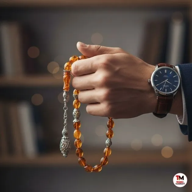 Damla kehribar tesbih erkek elinde - lüks kol saati ve 1000 ayar gümüş kazaziye püsküllü Tesbih Marketi