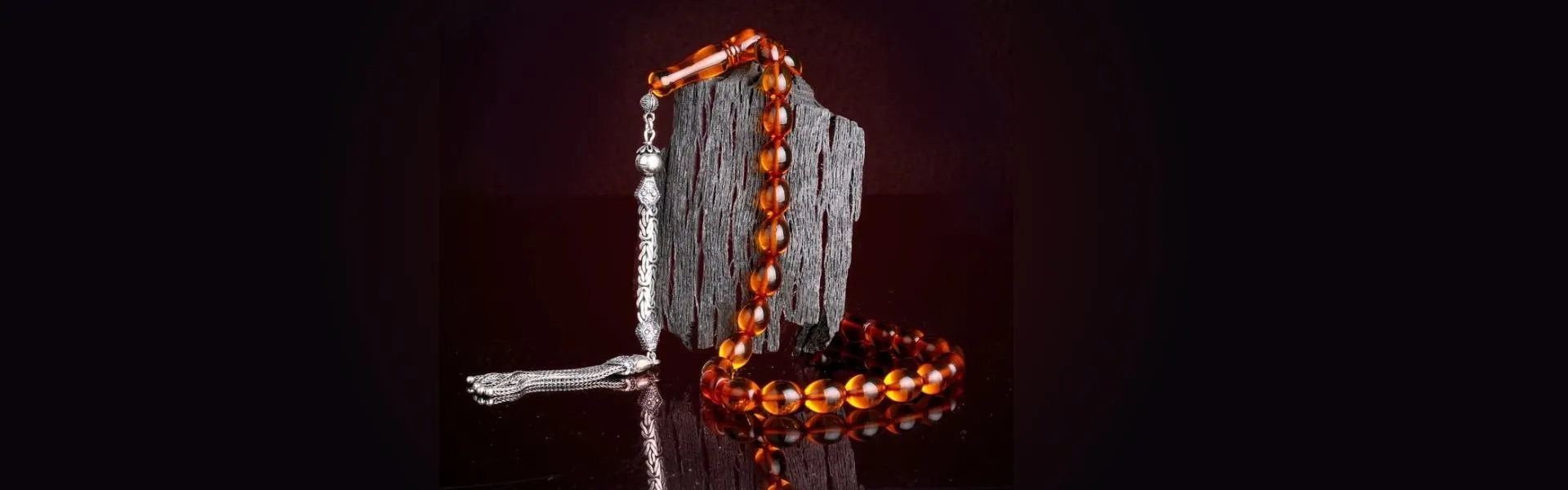 Orijinal sıkma kehribar tesbih ateş efektli - 1000 ayar gümüş kazaziye püsküllü özel işçilik 33'lük