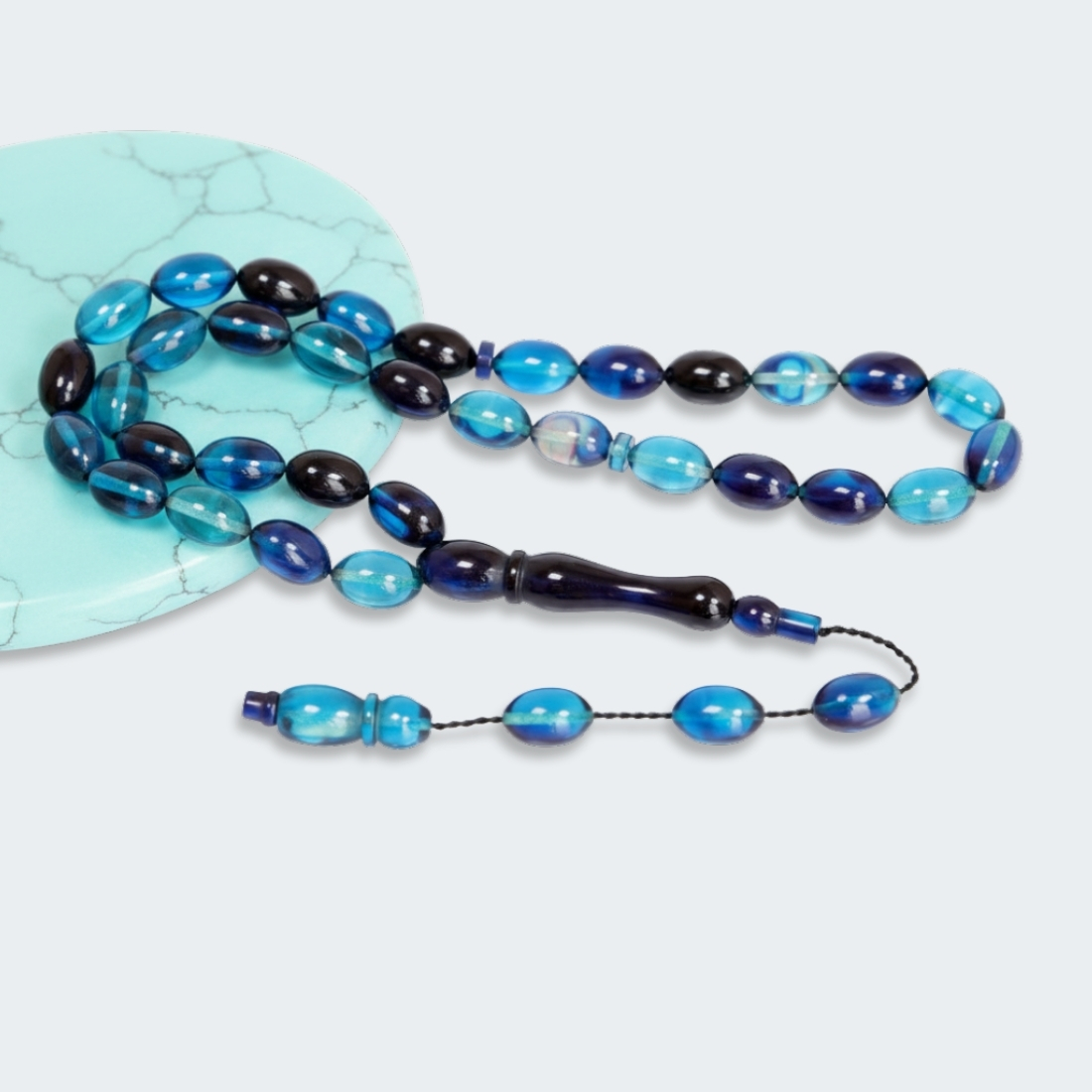 sıkma kehribar tesbih 7x11 mavi siyah hediye