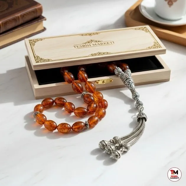 Tesbih Marketi özel ahşap hediye kutusunda ateş damla kehribar tesbih - gümüş kazaziye püsküllü