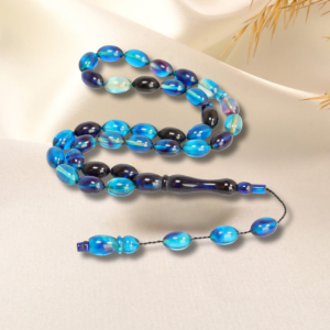 Mavi siyah sıkma kehribar tesbih 7×11 mm parlak yüzey