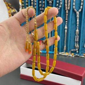Sarı Sıkma Kehribar Tesbih Beyzi Kesim - Tesbih Marketi Özel Seri